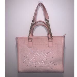 Juicy Couture Pink Diamond Beach Tote Gold Chains Velour Baby Pink Tote Bag